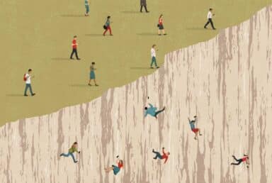 Individuals staring at their phones drop off a steep cliff, illustrating the perils of smartphone addiction.